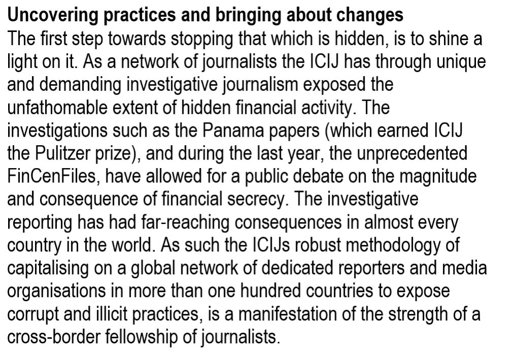 Next, the nomination focuses on  @ICIJorg's superb work in uncovering the tax abusive and other corrupt practices by which financial secrecy undermines states and the possibility of political representation. 8/n