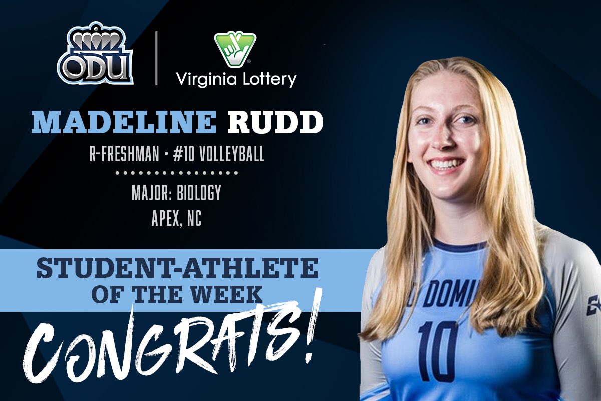 This week’s <a href="/VirginiaLottery/">Virginia Lottery</a> Student-Athlete Spotlight is Madeline Rudd of the <a href="/ODUVB/">ODUVolleyball</a> team!

🔵 2019-2020 Dean’s List
🔵 Member of Student-Athlete Advisory Committee
🔵 Volunteered for Red Cross
🔵 Works at ODU’s Learning &amp; Research Center