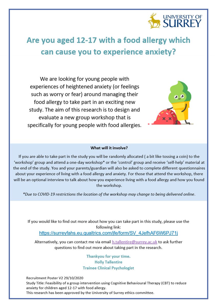 Holly Tallentire (she/her) (@tallentireholly) on Twitter photo ✨Currently recruiting for a study to support the psychological wellbeing of young people with a food allergy✨
If you (or your child) are interested in taking part please: email: h.tallentire@surrey.ac.uk
and/or complete: surreyfahs.eu.qualtrics.com/jfe/form/SV_4J… ✨Currently recruiting for a study to support the psychological wellbeing of young people with a food allergy✨
If you (or your child) are interested in taking part please: email: h.tallentire@surrey.ac.uk
and/or complete: surreyfahs.eu.qualtrics.com/jfe/form/SV_4J…
