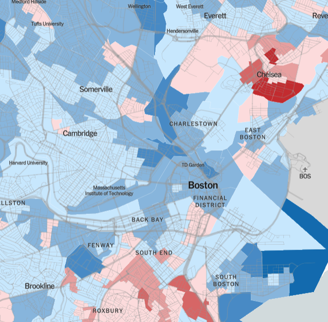 Interesting: lots of NYC swung massively toward Trump between 2016-2020, while most of Boston swung Democrat.