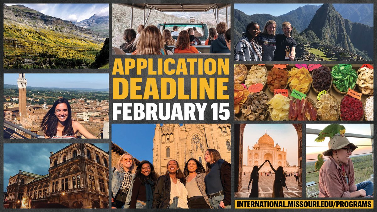 MizzouAbroad's tweet image. Planning to study abroad in the future? Summer, fall and academic year program applications are due February 15! If you still have some questions or need more information, make sure to schedule an appointment with your study abroad adviser.  international.missouri.edu/studyabroad/ad…