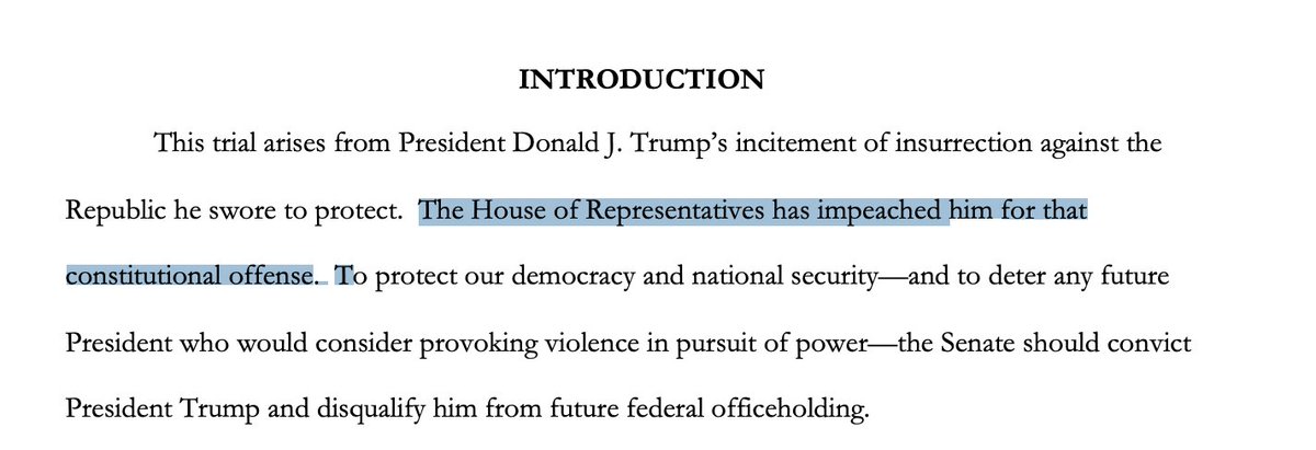 (Thread) Over the Cliff NotesThe House Manager’s Impeachment Pre-Trial BriefIt’s here:  https://judiciary.house.gov/uploadedfiles/house_trial_brief_final.pdf?utm_campaign=5706-519 (77 pages) I. IntroductionRight away, the House Managers steer clear of a pitfall they face: Having this trial play out as if it’s a criminal trial.