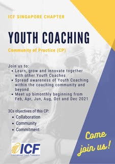 Join Youth Coaching Community of Practice this Thursday 4th February 2021 at 7pm for ‘Updated ICF Core Competencies’ – Efficacy on Youth Coaching 
icfsingapore.org/events/communi…

#icfsingapore #youthcoaching #coaching #communityofpractice <a href="/annephey1/">Anne Phey</a> <a href="/kevinkansg/">Kevin Kan</a>