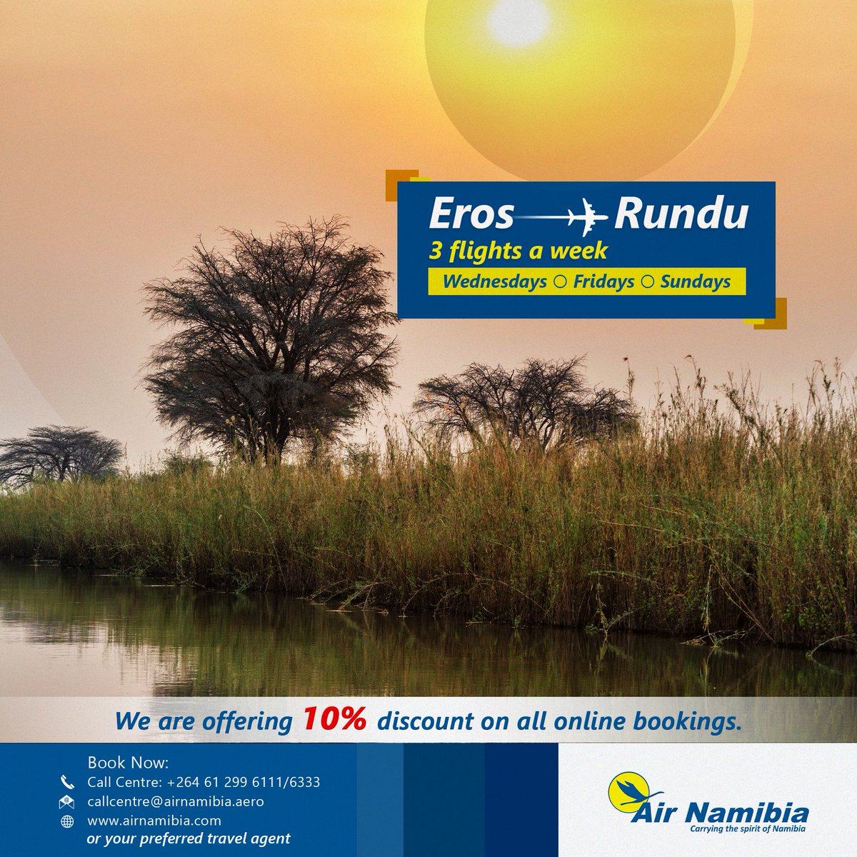 airnamibia1's tweet photo. Direct Flights between Eros - Rundu 

Book online now: https://t.co/C8sswRZyR1 or contact our team at:CallCentre@airnamibia.aero for assistance 

#airnamibia #domesticflights #namibia #rundu #windhoek https://t.co/bRkKAbBgb0