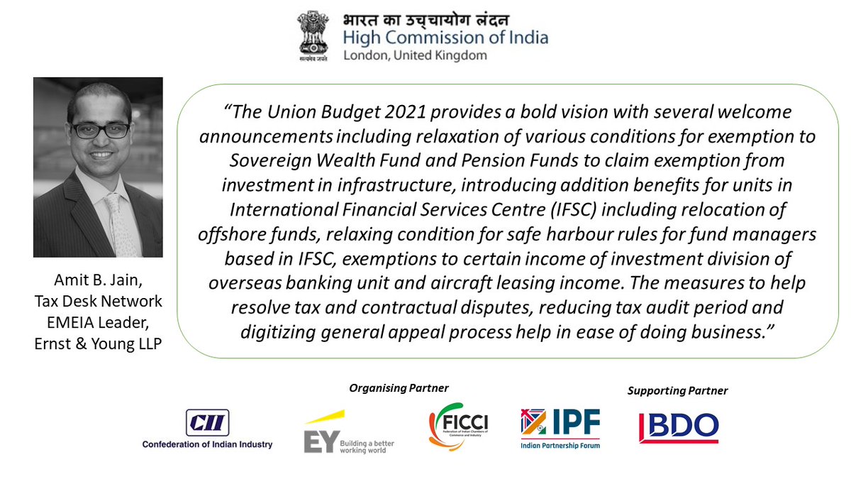 HCI_London's tweet photo. Shri Amit B Jain of @EY_UKI #expertsaid at India's Union Budget 2021: An Interactive Session organised by
@HCI_London in collaboration with @ficci_india @FollowCII @ipforumnet and supported by @bdoaccountant https://t.co/mnlJDEu2ze