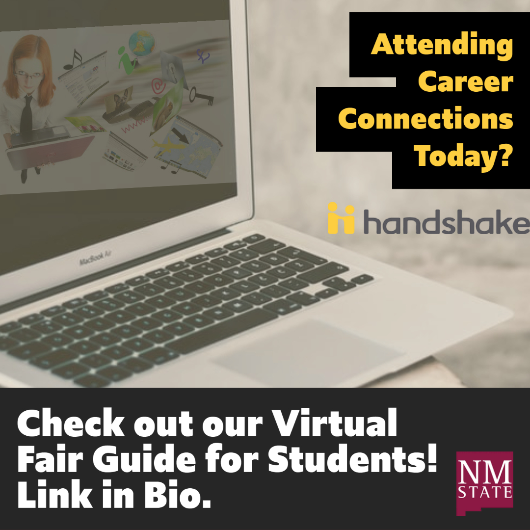 Career Connections 2021 is Today!!!⁠ ⁠
⁠
Don't forget to register through your Handshake profile! 

Virtual fair guide for students - Link: ow.ly/7I6h50Dp6Wr!⁠ 😃⁠
⁠
#experientiallearning #nmsuaggies #nmsu #cooperativeeducation #internships #career #collegetocareer