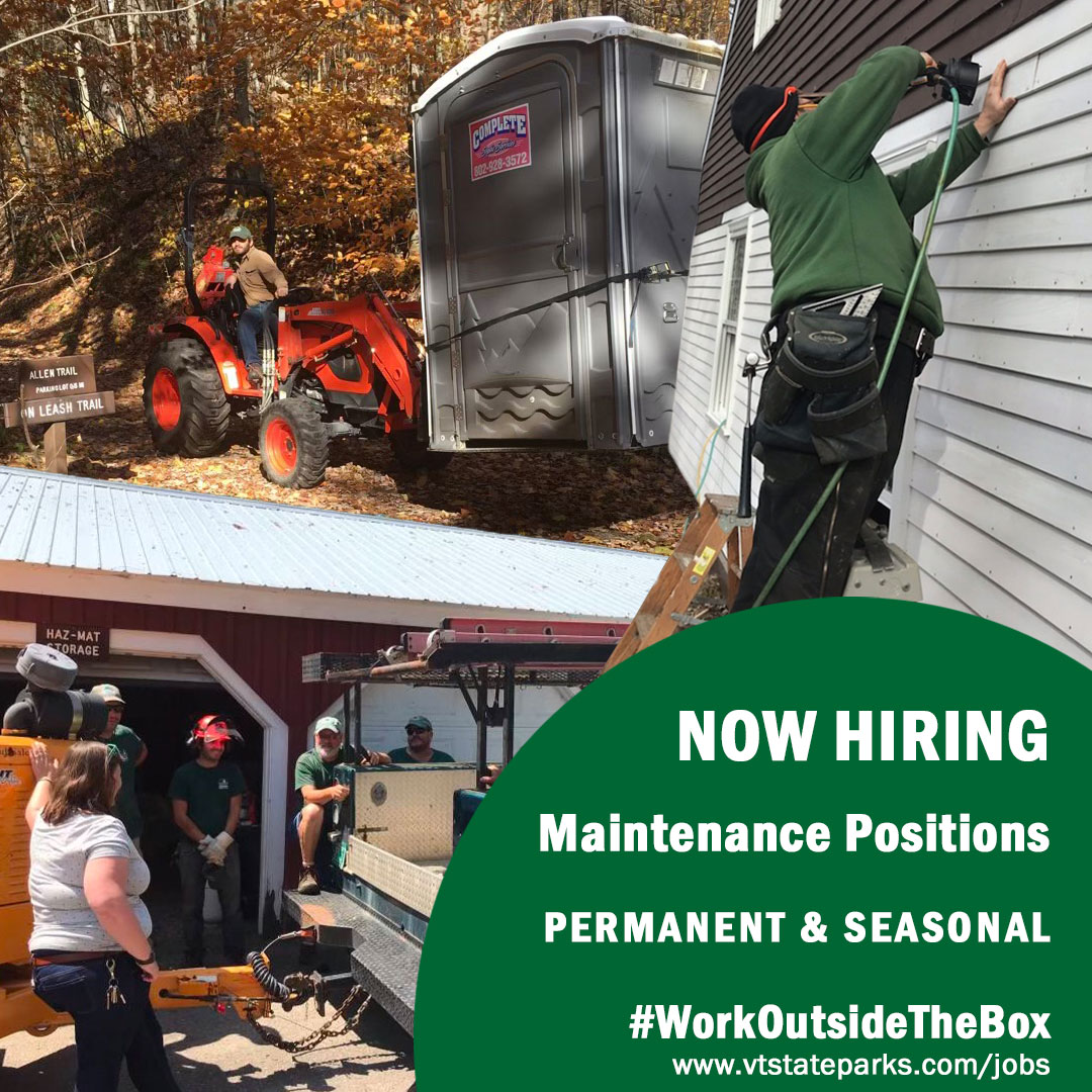 VTStateParks's tweet photo. Ready to #WorkOutsideTheBox? #VTStateParks is hiring for 4 full-time, year-round Park Maintenance positions (as well as seasonal positions) to work in some of the most scenic locations in Vermont. https://t.co/N6SGBcsxyX