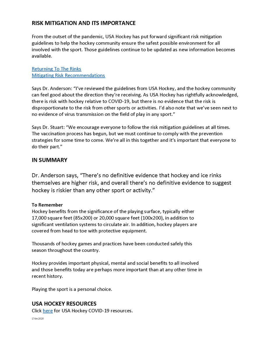 Aisling_HkyMom's tweet image. Good stuff from @usahockey re: COVID-19: usahockey.com/playersafety. The piece on "Hockey Not Riskier Than Other Sports" (pics below) is quite interesting.

If a hockey player contracts covid, it doesn't mean they got it while playing or b/c they were playing hockey! #LetThemPlay