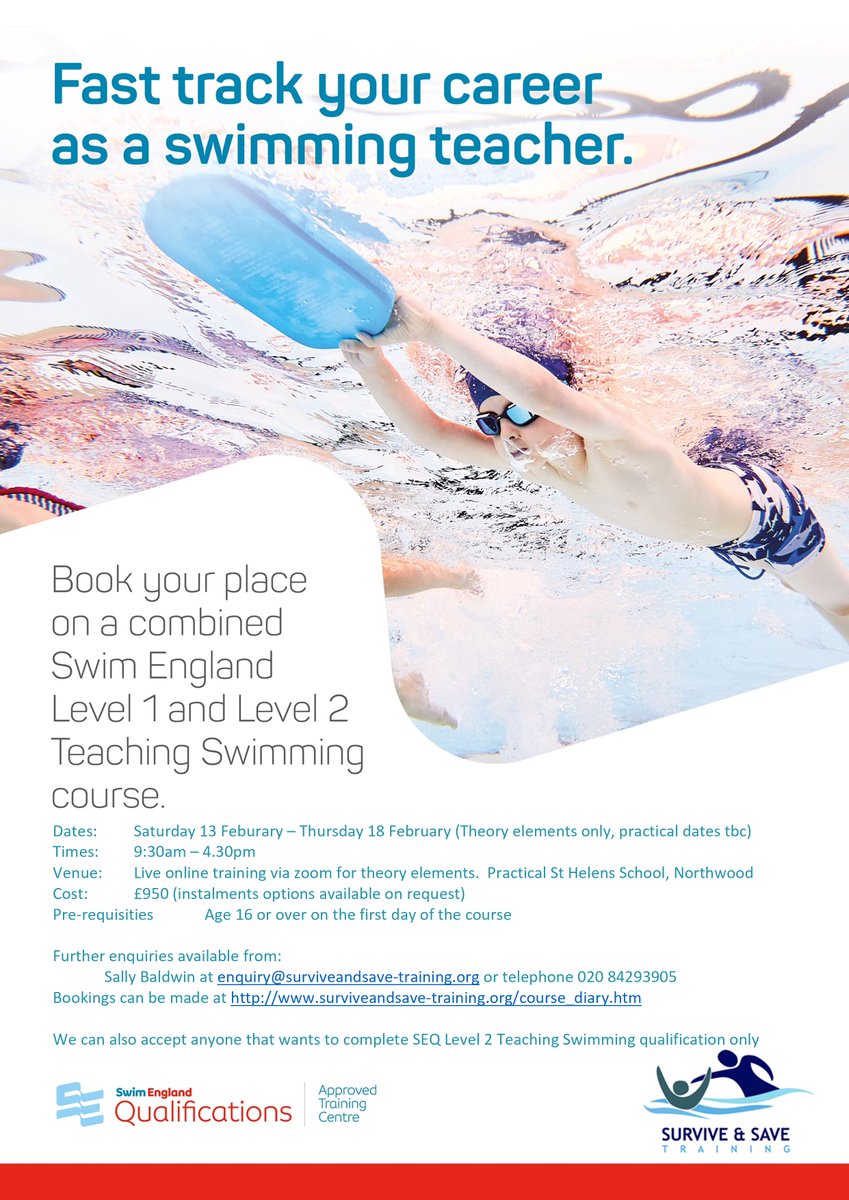 surviveandsave's tweet photo. Spaces are available on February half term SEQ Combined L1 & L2 Teaching Swimming course
Starts 13 February for theory elements via our virtual classroom
Practical dates tbc in Northwood
Full details & bookings - https://t.co/3n52LAbiA9
#SEQualifications #TeachingSwimming #London https://t.co/ypLUUxJ9E0