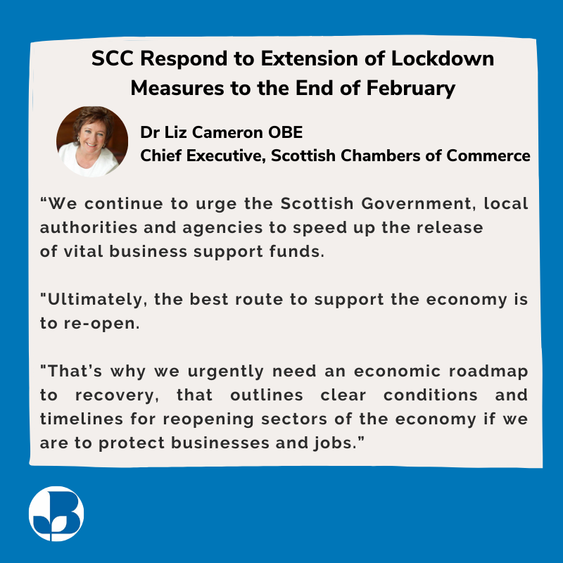 ScotChambers's tweet photo. 💬 @lizcameronscc: many will be disappointed, but it will come as little surprise to Scottish businesses that current restrictions will be in place until end of Feb at least.

Full response: https://t.co/WHIx1S342i https://t.co/AlBthpXqfn