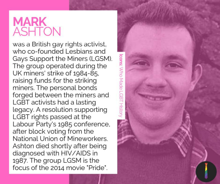 BroxburnSocial's tweet photo. Day 2: Today we focus on Mark Ashton. He co-founded the group LGSM who supported &amp; campaigned for Miners during the strikes in the 80s. The work of Ashton &amp; the group led to the Labour Party supporting LGBT rights. #LGBTHM21 https://t.co/eFfR4kvEjN