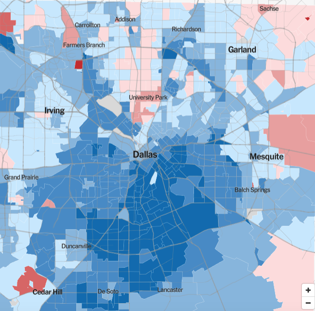 And Dallas starkly shows the shift of 2020: the white suburbs got dark blue and the the bluest parts of the city with the highest black population swung toward Trump. First map is 2020 results, second map is change from 2016.