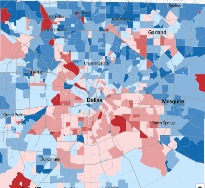 And Dallas starkly shows the shift of 2020: the white suburbs got dark blue and the the bluest parts of the city with the highest black population swung toward Trump. First map is 2020 results, second map is change from 2016.