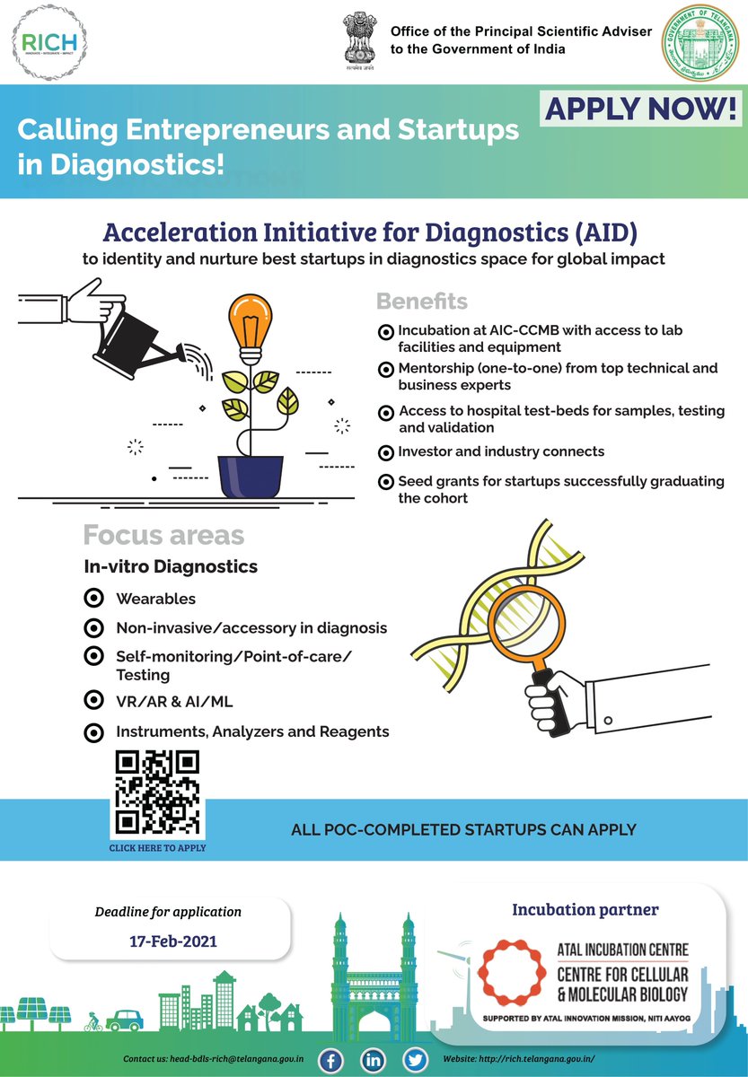 RICH_Hyd's tweet image. Calling all #entrepreneurs!

Sign up for the RICH #AIDProgram now and win access to incubation and testing facilities, #mentorship, #industryconnects, and a #seedgrant for your #diagnostics #startup!

Apply here: rich.telangana.gov.in/RICH-AID.html

@MinisterKTR @AIC_CCMB @teamTSIC