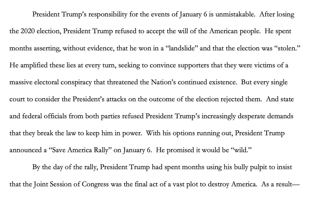 The introduction gives an overview of the facts, and the facts are damning.“Trump used his bully pulpit to insist that the Joint Session of Congress was the final act of a vast plot to destroy America.”"Fight like hell [or] you're not going to have a country anymore."2/