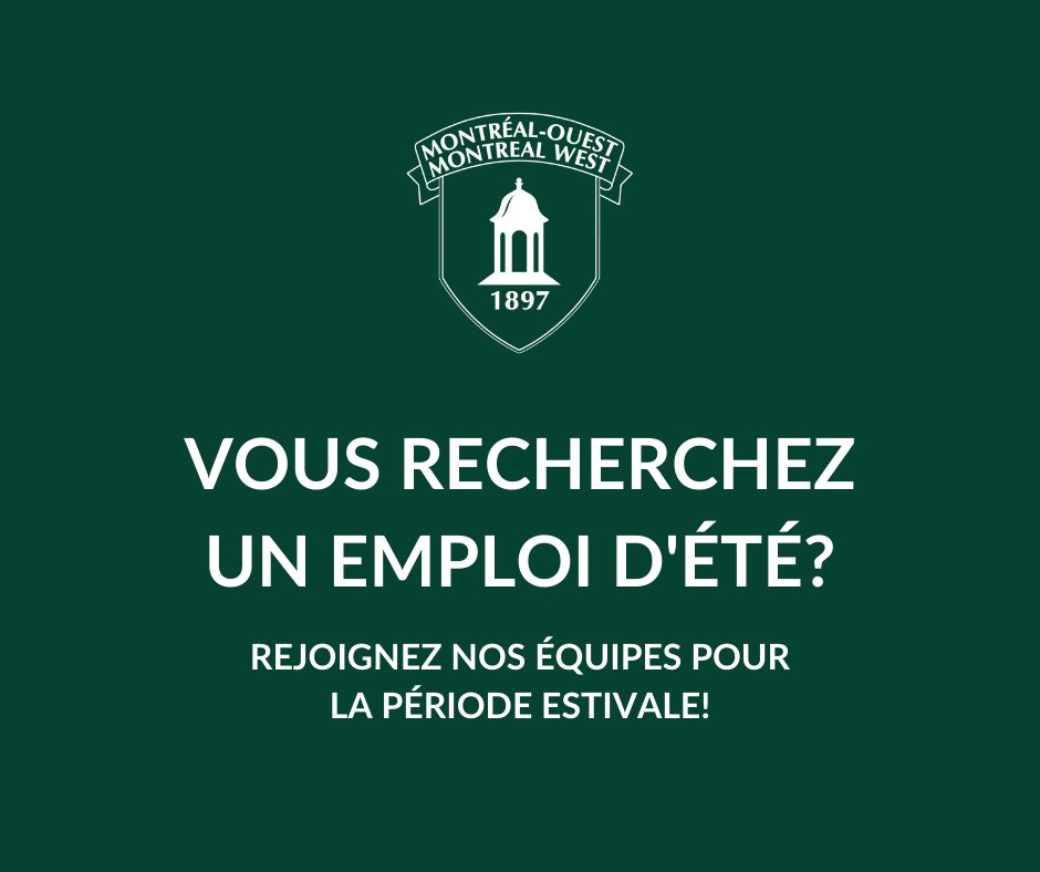 mtlouest's tweet photo. Divers emplois étudiants et saisonniers sont disponibles sur notre site web! Rejoignez nos équipes en postulant dès maintenant: https://t.co/uScivpHR2R //
The Town has many students and seasonal jobs available in the summer! https://t.co/DxUX5DnTnU https://t.co/KDF9LlTPU9