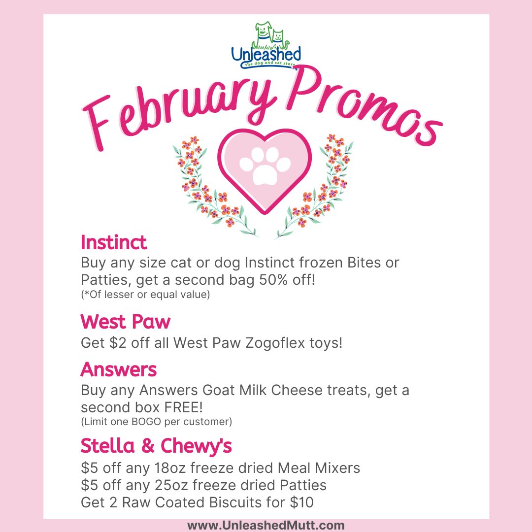 Unleashed_CM's tweet image. February is here already and it is time to spoil your Furry Valentine! This month save on @InstinctPetFood Frozen Bites or Patties, @westpawUS Paw toys, @AnswersPetFood  Goat Cheese, and @stellaandchewys select items. 
#shoplocalraleigh #UnleashedNC #unleashedthedogandcatstore