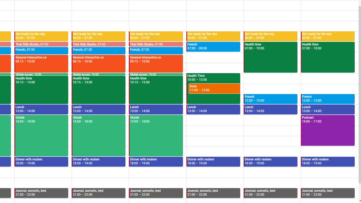 This is roughly what it looks like in my cal. I try to be vague with my blocks, health time means a lot of different things, it just depends on what I feel I need that day (today it's rest), but I make sure the time is set out for me to focus on it, because it's important to me.