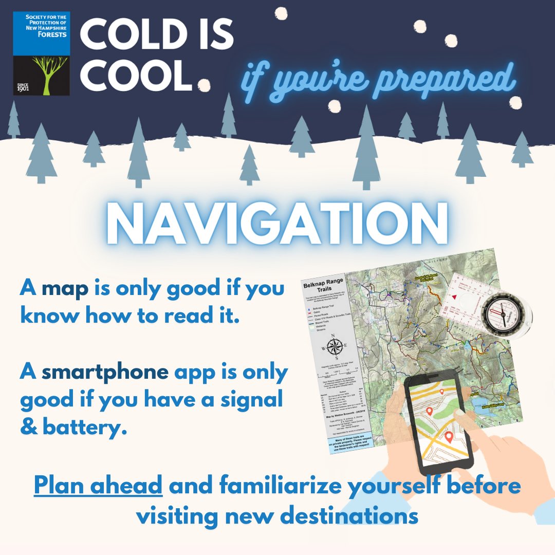 Forest_Society's tweet photo. #ColdisCool IF you're prepared. Do you know the 10 essentials for winter recreation? #1: Navigation. A map is only good if you know how to read it & a smartphone needs a signal + battery. Bring both & get to know your destination before you go! #HikeSafe #RecreateResponsibly https://t.co/afDk3MRkHO
