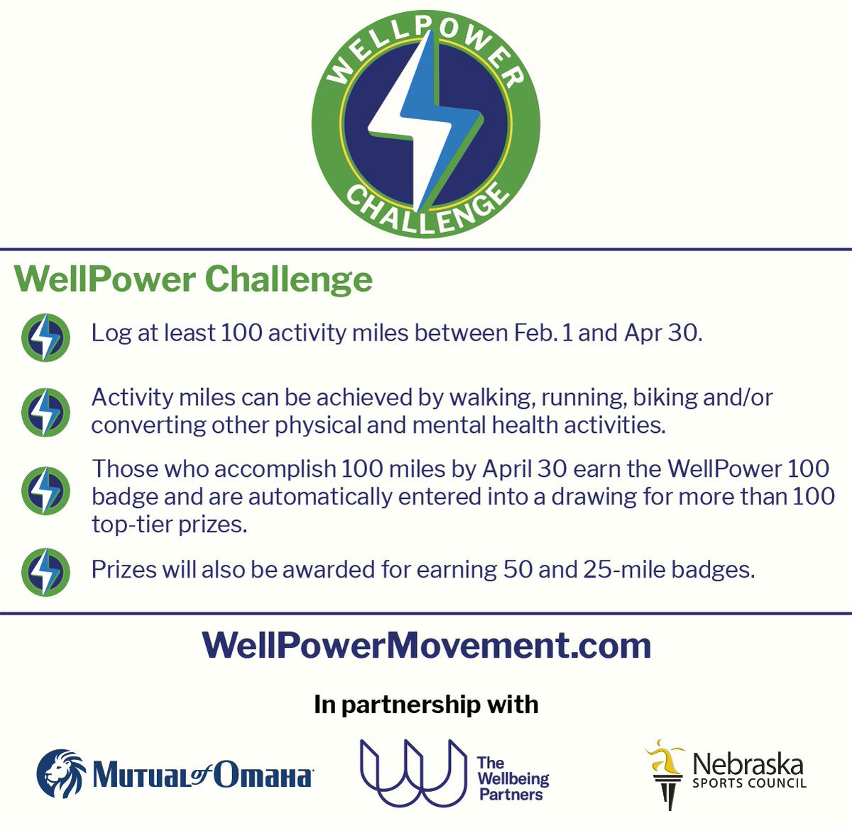 Omaha Parks and Rec is an official sponsor of the WellPower Movement! This organization is all about getting active and achieving your wellbeing goals through activity tracking, group activity challenges, and more. Join their first  WellPower Challenge today and get moving! 🚴🏃‍♂️