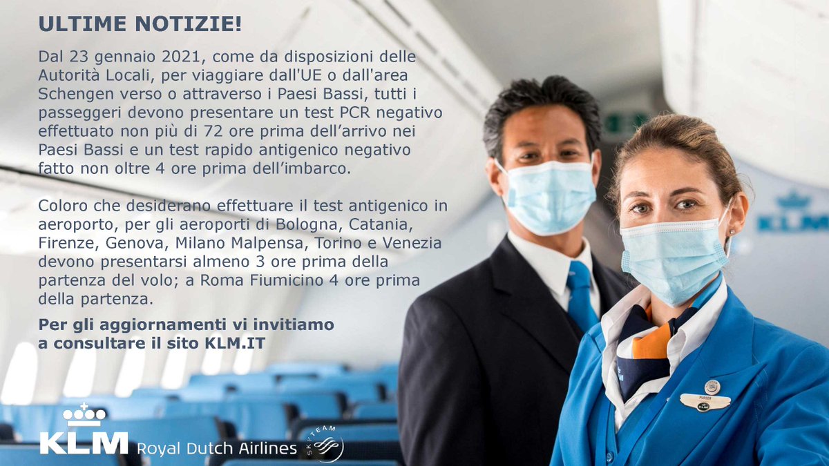 KLM_ITA's tweet image. Vi informiano che I test rapidi antigenici possono essere fatti anche in aeroporto. Per maggiori dettagli e orari, consultare qui klmf.ly/2NB26J6