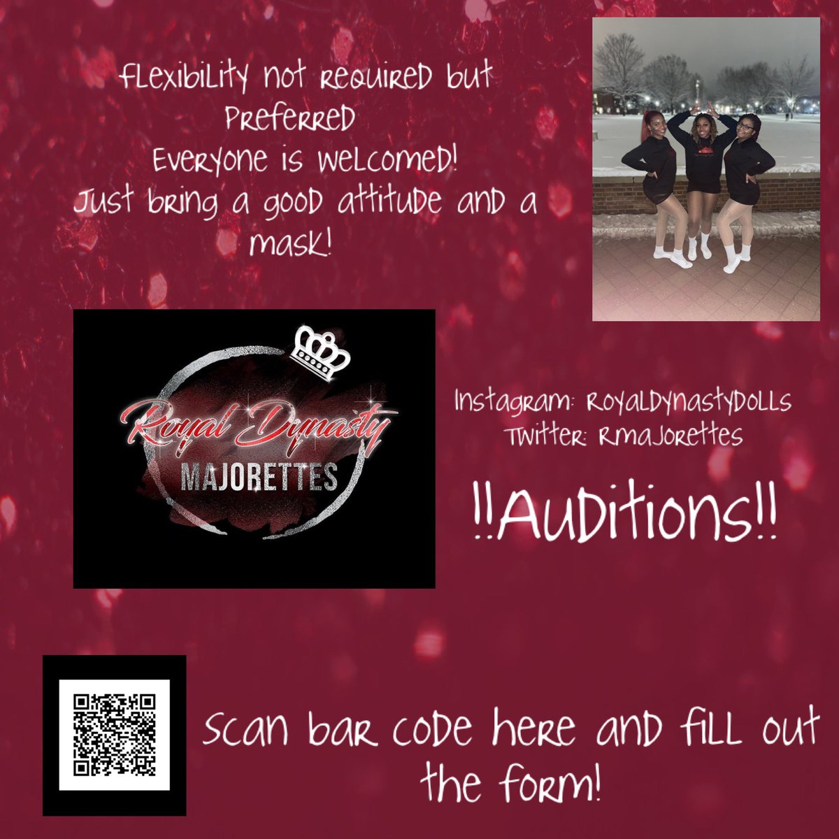 RMajorettes's tweet photo. Do you want to be a doll? Fill out this quick form to apply and audition by Sunday 2/7/21!! Links in bio or scan the code below!! Good luck ❤️ https://t.co/3tREX7yjYt