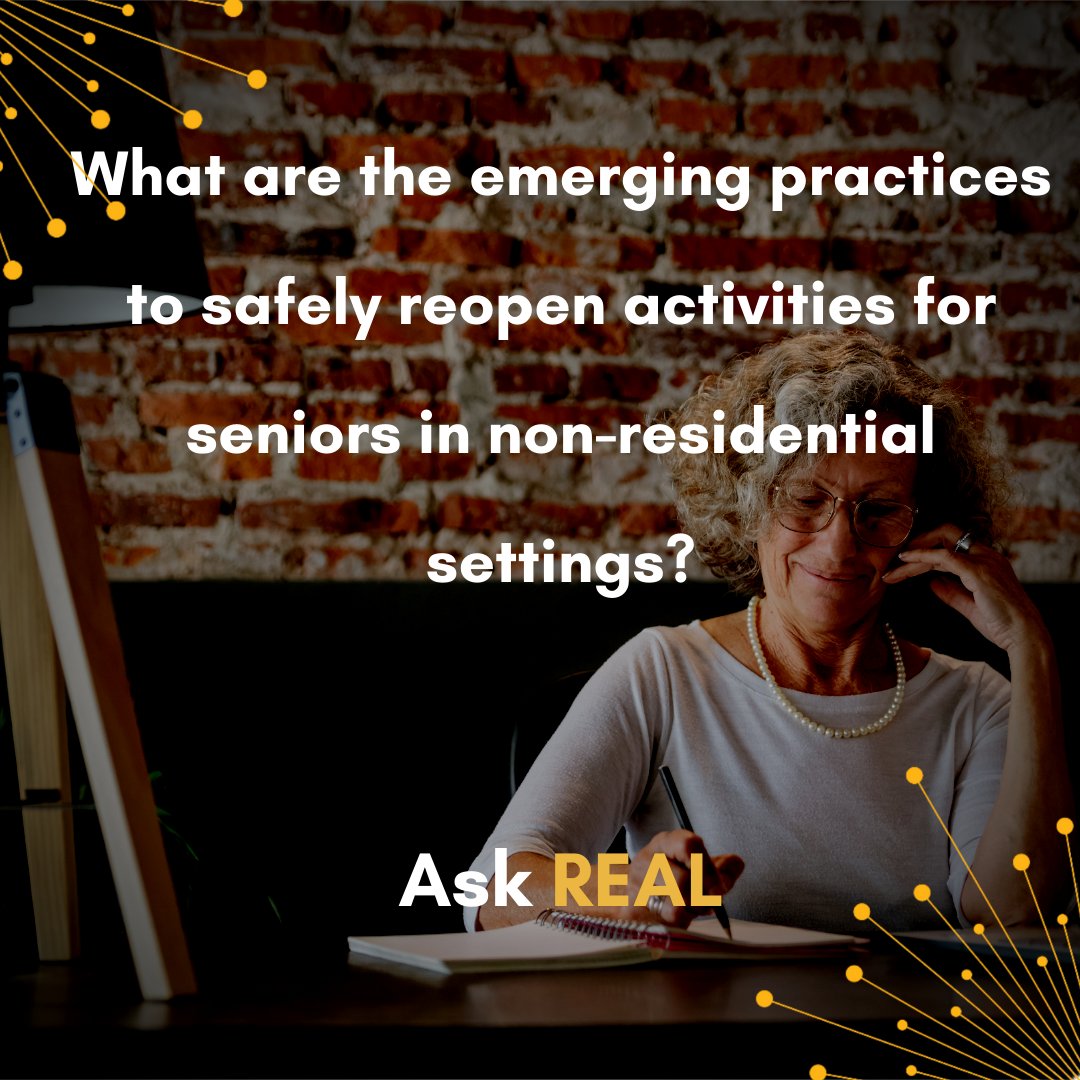 What practices are being put in place to safely reopen activities for seniors in non-residential settings?

Visit our REAL Note to learn more: ow.ly/M7xb50DlZ5s

#REALNote #covid19 #covid19ontario #covidcanada#lockdown2021