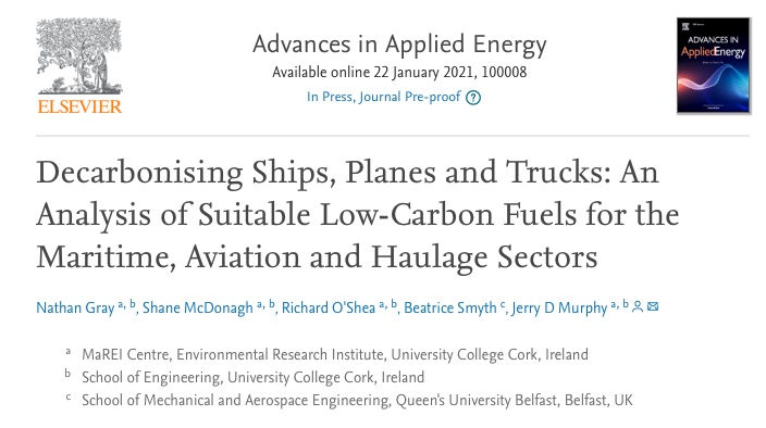 JerryDMurphy66's tweet photo. @MaREIcentre @eriucc paper discusses how to decarbonise ships, planes &amp; trucks using low-carbon energy carriers (electricity, biofuels, hydrogen, and electrofuels)  based on energy density, specific energy, cost, lifecycle greenhouse gas emissions. See:
https://t.co/A7WCuuGlpo https://t.co/FGxatbNBvn