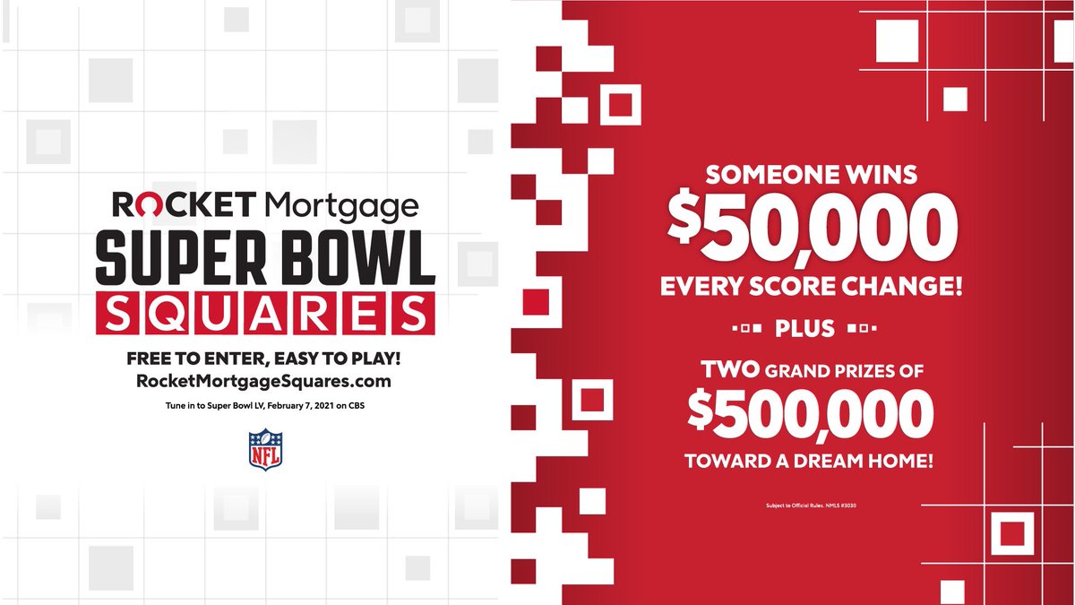 glennhamilton's tweet photo. Rocket Mortgage Super Bowl Squares is here! Play for free and you could win 500K: Enter now: https://t.co/HbGZPEsWNB #RocketMortgageSquares #ad #sweepstakes https://t.co/M6LSyY8L0x