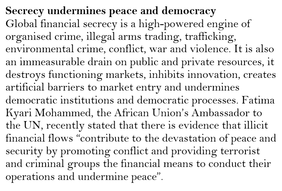The full nomination makes a broad argument about the overall contribution. It begins by stressing the damage that financial secrecy does to peace and democracy... 5/n