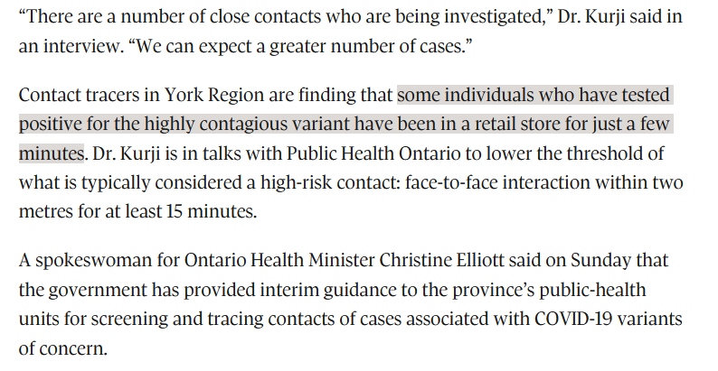 This was in yesterday's Globe, rapid spread of the UK variant with just a few minutes of contact.  The 15 mins/2 meter distancing rule won't work when a virus is likely airborne. What does this mean for your day-to-day life? https://www.theglobeandmail.com/canada/article-covid-19-variant-in-barrie-outbreak-upends-conventional-wisdom-of/