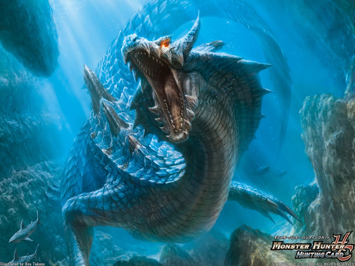 Despite its aquatic nature, Lagiacrus's teeth are quite similar to land-based predatory wyverns. The long slender shape of its sharp teeth allows Lagaicrus to bite into the thick skin of its aquatic prey. Around its jaws is fang-like shelling that resembles its teeth.