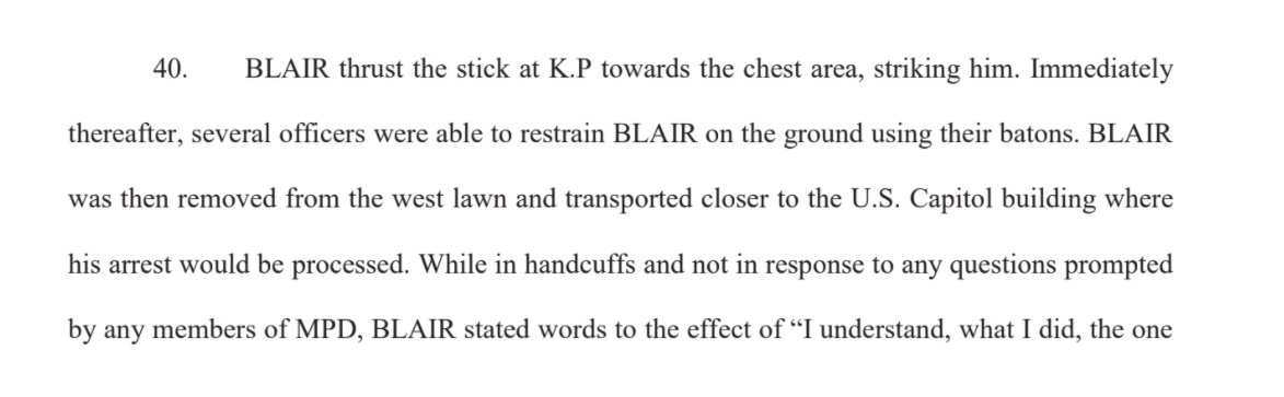 During the standoff with the police, prosecutors say, Blair (who was charged early on by local cops) hit an officer known as KP in his chest with a lacrosse stick the Confederate flag was attached to.