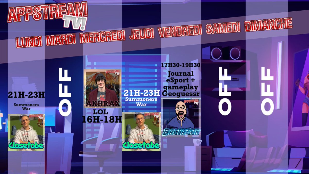 AppStreamTV1's tweet image. Le planning de Février est arrivé ! 

➡️ #SummonersWar le Lundi et Jeudi

➡️ #LeagueOfLegends le Mercredi

➡️ Journal du #esport + #Geoguessr le Vendredi