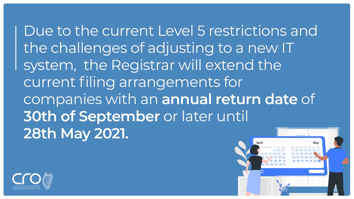 cro_ie's tweet photo. For important information regarding extension of annual return dates please see the graphic below ⤵️

For updates ⬇️

➡️ https://t.co/YtxAwITypX https://t.co/PAUiSTjMaW