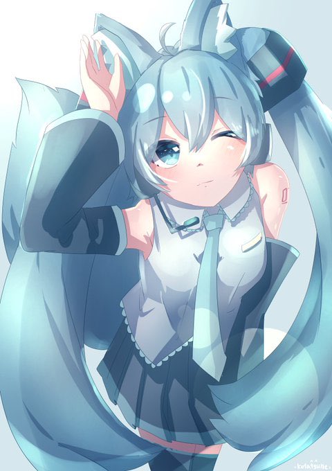 hatsune miku 1girl animal ears solo one eye closed skirt twintails necktie  illustration images