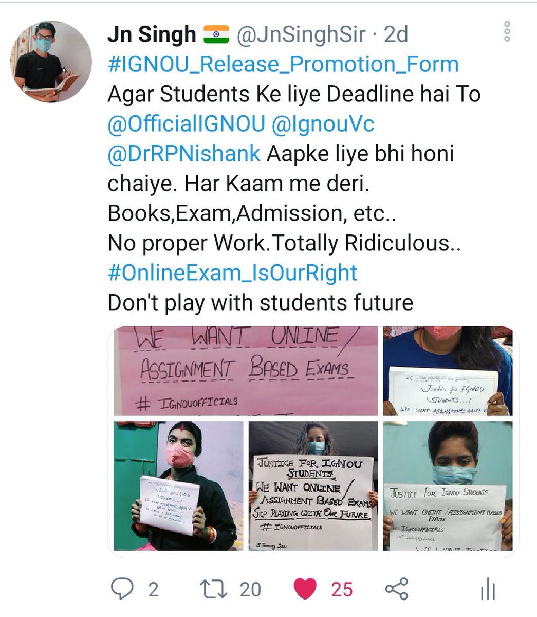 JnSinghSir's tweet photo. Respected @OfficialIGNOU @IgnouVc @DrRPNishank 
IGNOU Feb 2021 Exam के नाम पर छात्रों के भविष्य के साथ खिलवाड़ ना करें ।
Why Last Date Extended Again &amp; Again? 
#IgnouExamYaJoke 

Don't Delay Do necessary step... 
#ignou_release_promotion_form #ignouonlineexam https://t.co/J6ZNAcA3mY