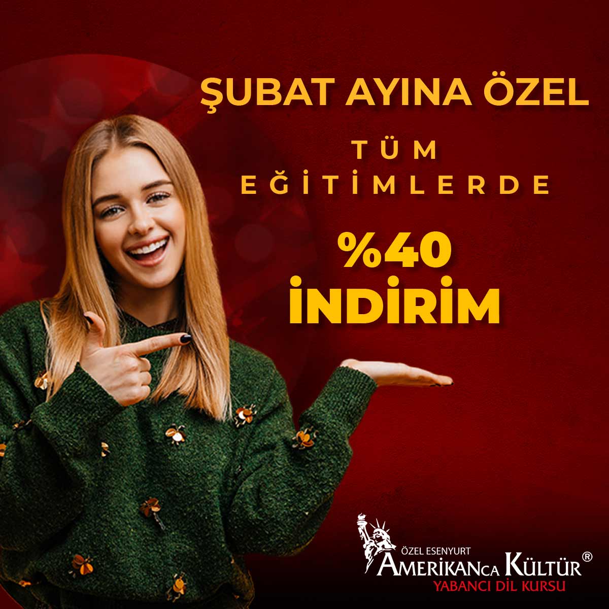 Esenyurt Amerikan Kültür'de Şubat ayına özel tüm eğitimlerde %40 indirim fırsatını kaçırmayın! #Esenyurt #AmerikanKültür #ingilizce #toefl #ielts #yds #ydt #tesol #özelders #onlineingilizce #learn #english