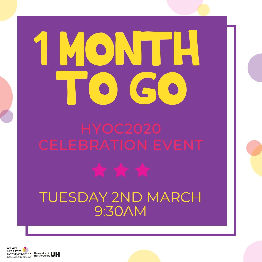 hyoc2020's tweet photo. This is our 1 month countdown!
Just 1 month to go until we get to celebrate everything that makes Hertfordshire creative!  For more information about our celebration event, sign up through the link here:  https://t.co/pTwmbGNxVn

We can’t wait to celebrate with you! https://t.co/yxNjIZ8HxJ