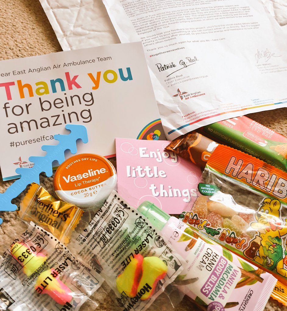 What a nice surprise from @EastAngliAirAmb & @pureresourcing this morning! A letter of ongoing support from CEO @patrickgp and a parcel of goodies for #selfcare and #wellbeing. Just another reason why #EAAA are #employeroftheyear in Norfolk. thank you.  #togetherwesavelives