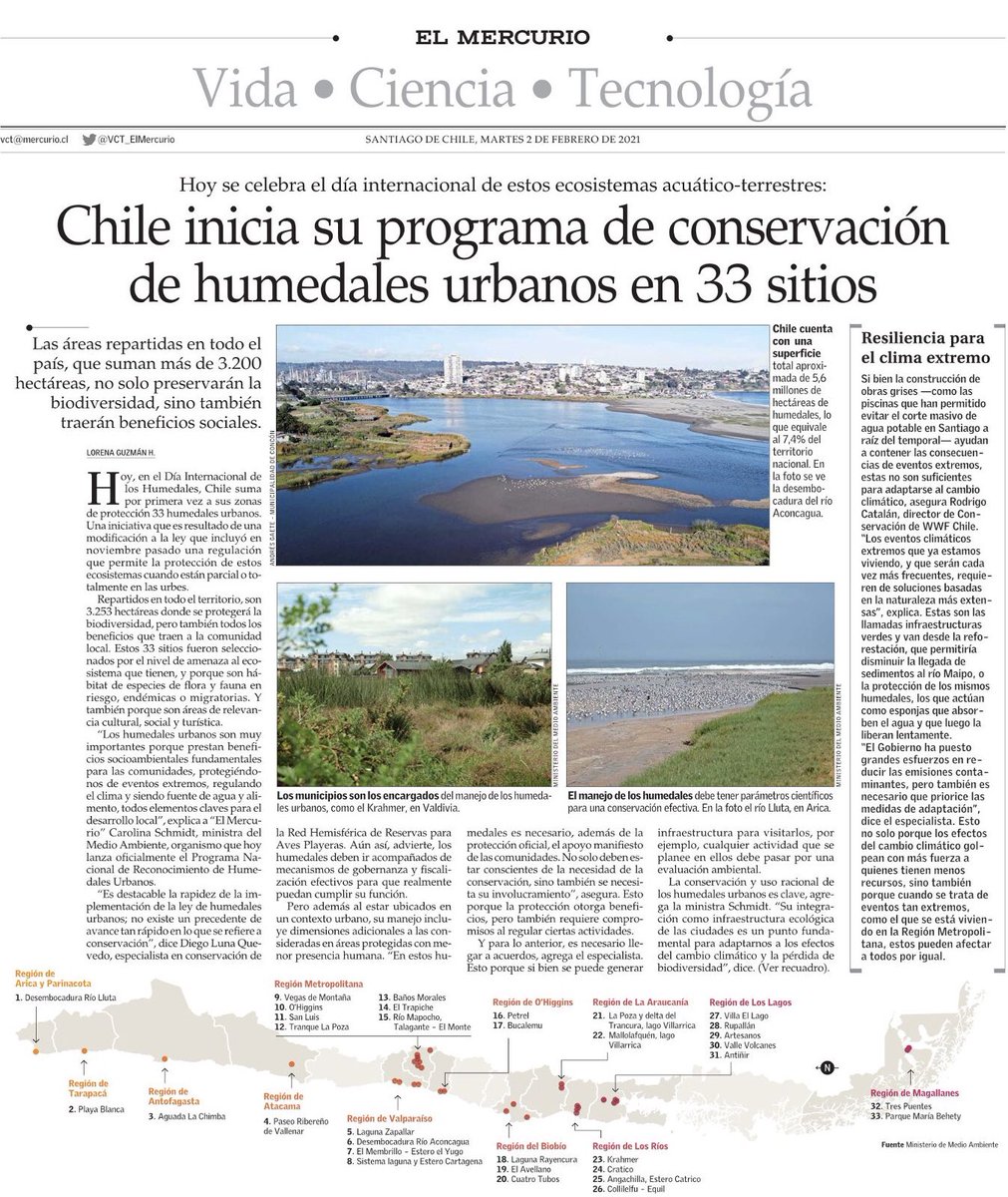 HumedalesU's tweet image. Que mejor manera de empezar el #DiaMundialDeLosHumedales que conociendo el listado de los primeros 33 humedales urbanos protegidos por la Ley N°21.202. Felicidades a todas las comunidades y organizaciones que hay detrás de la defensa y protección de estos humedales! #humedales