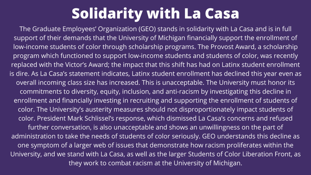 geo3550's tweet photo. GEO's BIPOC Caucus has written a statement of solidarity with @lacasaumich. Read on the web at: https://t.co/9P1DqpeVyl
#SINPROVOST https://t.co/Y1kKTOf0AY