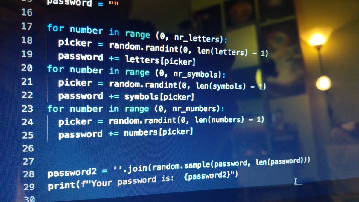 LukeMartley's tweet photo. Day 5
Learned about loops and range to make a password generator, not as succinct as Angela's but it works! 
#100DaysOfCode #100daysofcodechallenge #udemy https://t.co/LUzS4E69gx