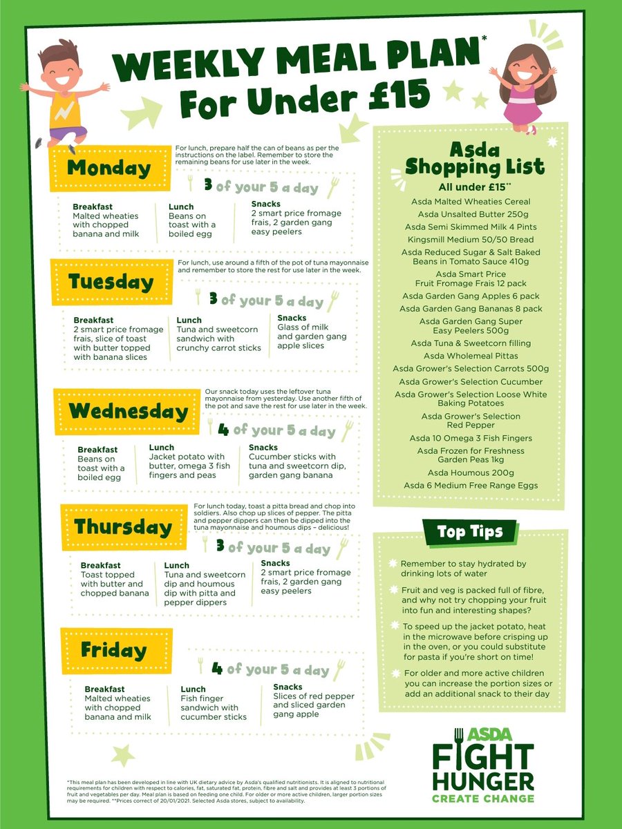 AsdaBoston's tweet photo. We've created a weekly meal plan and shopping list to give ideas on how families can spend the government's £15 food voucher and make nutritious meals during this time. https://t.co/x5kwi9ygbq