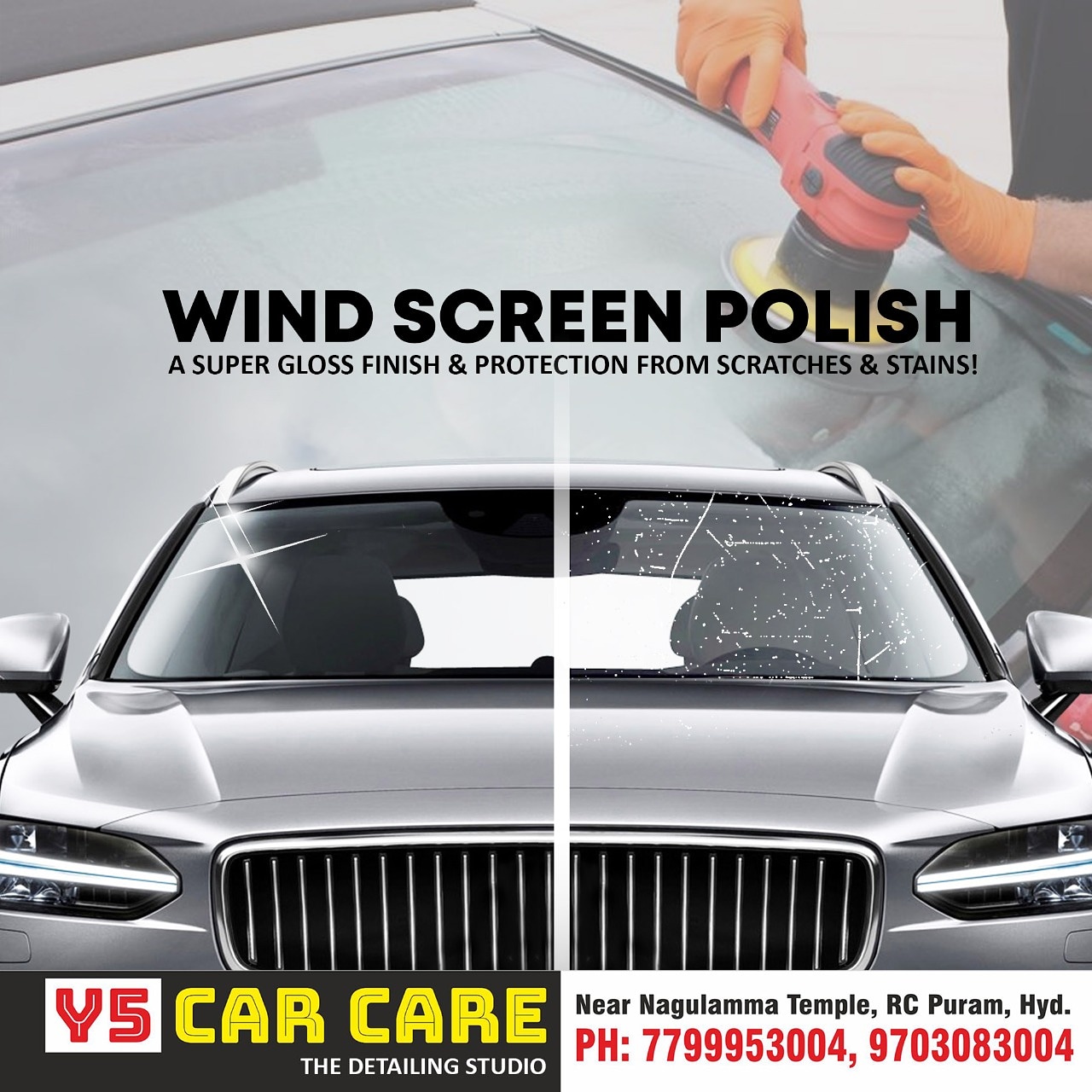 Y5 Car Care on X: Give your car's windscreen a super glossy shine &  Protection from windshield scratches & stains with Y5 Car Care Wind Screen  Polish. For more details: 7799953004, 9703083004 #