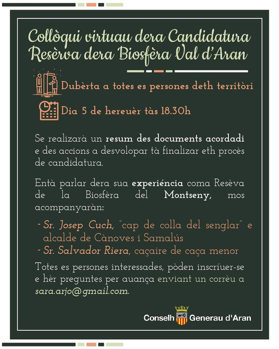 Conselh Generau d'Aran (@conselharan) on Twitter photo 📅Diuendres dia 5 de hereuèr, tàs 18.30h, convidam a tota era ciutadania a connectar-se ath collòqui virturau tà conéisher qu'implique èster Resèrva dera #Biosfèra.
📨Tà poder formar part d'aguest procès transformador d'Aran, enviatz un corrèu a: sara.arjo@gmail.com. 📅Diuendres dia 5 de hereuèr, tàs 18.30h, convidam a tota era ciutadania a connectar-se ath collòqui virturau tà conéisher qu'implique èster Resèrva dera #Biosfèra.
📨Tà poder formar part d'aguest procès transformador d'Aran, enviatz un corrèu a: sara.arjo@gmail.com.