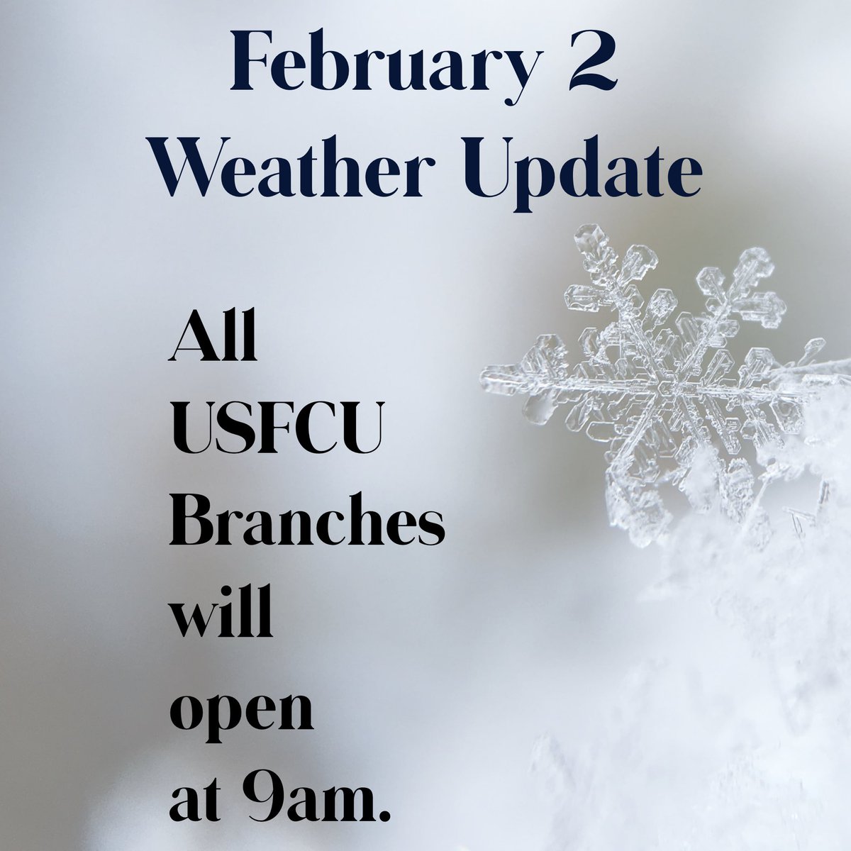 USFCU's tweet photo. USFCU will open at 9am on Tuesday February 2. ❄️ https://t.co/pUOogZvYA4