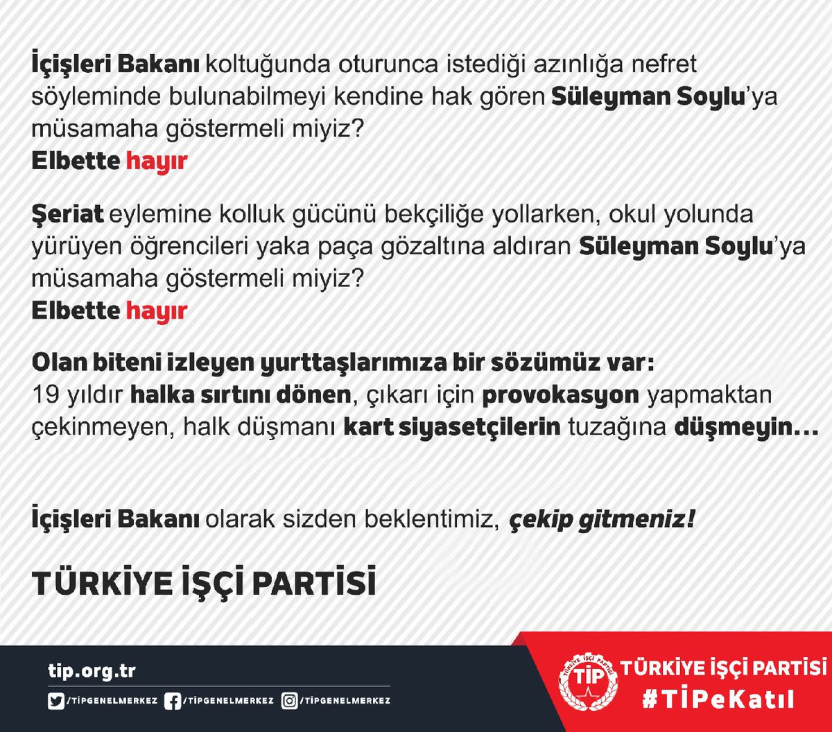 tipgenelmerkez's tweet photo. Yurttaşlarımıza çağrımızdır:
19 yıldır halka sırtını dönen, çıkarı için provokasyon yapmaktan çekinmeyen, halk düşmanı kart siyasetçilerin tuzağına düşmeyin.

İçişleri Bakanına çağrımızdır:
Bir dakika kaybetmeden çekip gidin.

#AsagiBakmayacagiz 
#LGBTİHaklarıİnsanHakları https://t.co/hy1JQ9mFDk