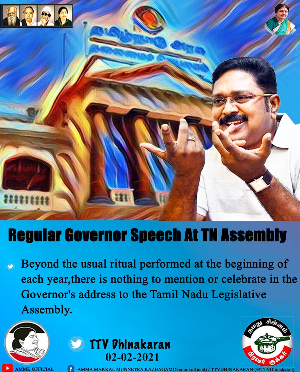 #TNAssembly2021

Regular #GovernorSpeech at #TNAssembly. 

- @TTVDhinakaran 
 
| #GovernorBanwarilalPurohit | #Tamilnadu |
 | #BanwarilalPurohit | #TNGovt| #TNGovernor| @RKRadhakrishn | @CMOTamilNadu | #TTVDhinakaran | #AMMK