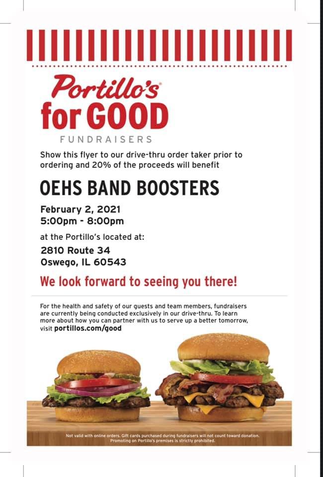 OEHSWolfParents's tweet photo. Help support our OEHS Band and grab a bite at Portillo's in Oswego tonight!  Show this flyer or mention OEHS band fundraiser when placing your order! https://t.co/WQymo6iuew